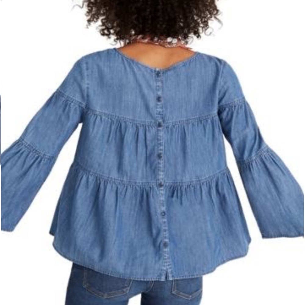 Madewell Tiered Chambray Top w Back button Closure - Picture 2 of 8